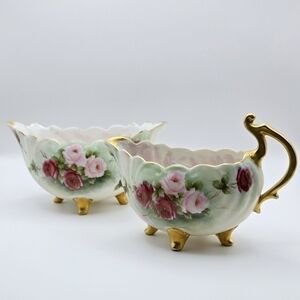 Antique Vienna Austria Hand Painted Creamer & Sugar Footed Gold Gilt